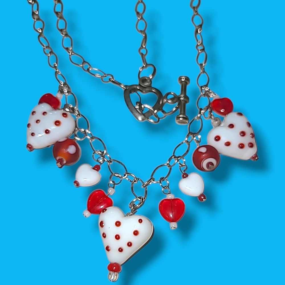 Lampwork Glass Heart Charm Necklace Red White Silver Tone Toggle Love